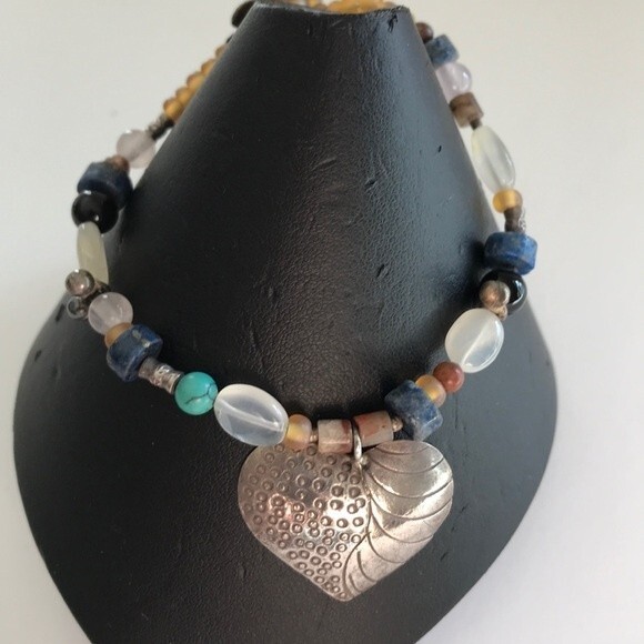 Vintage Handmade Sterling Silver Sunflower Heart Gemstone Bracelet Approx 8 in - Picture 1 of 8